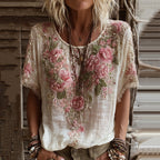 Women's Pink Rose Embroidery Art Round Neck Short Sleeve Linen Blend T-shirt