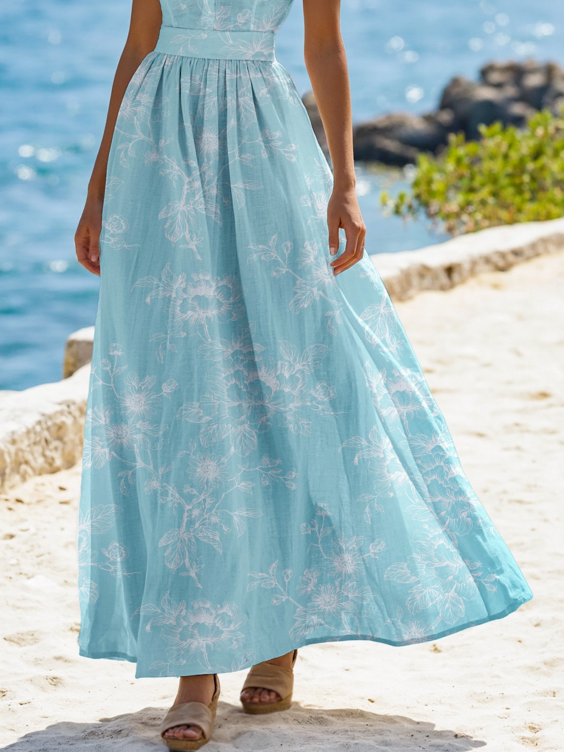 (SIZE:XS-XXL) Maxi Linen Dress , Cap Sleeves, Stand Collar, Floral, Lace, Vintage, Blue