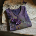 Vintage Boho Dragonfly Floral Embroidery Women's V-neck Linen T-shirt