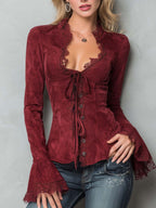 Vintage Lace Trim Polyester Suede Embroidered Blouse