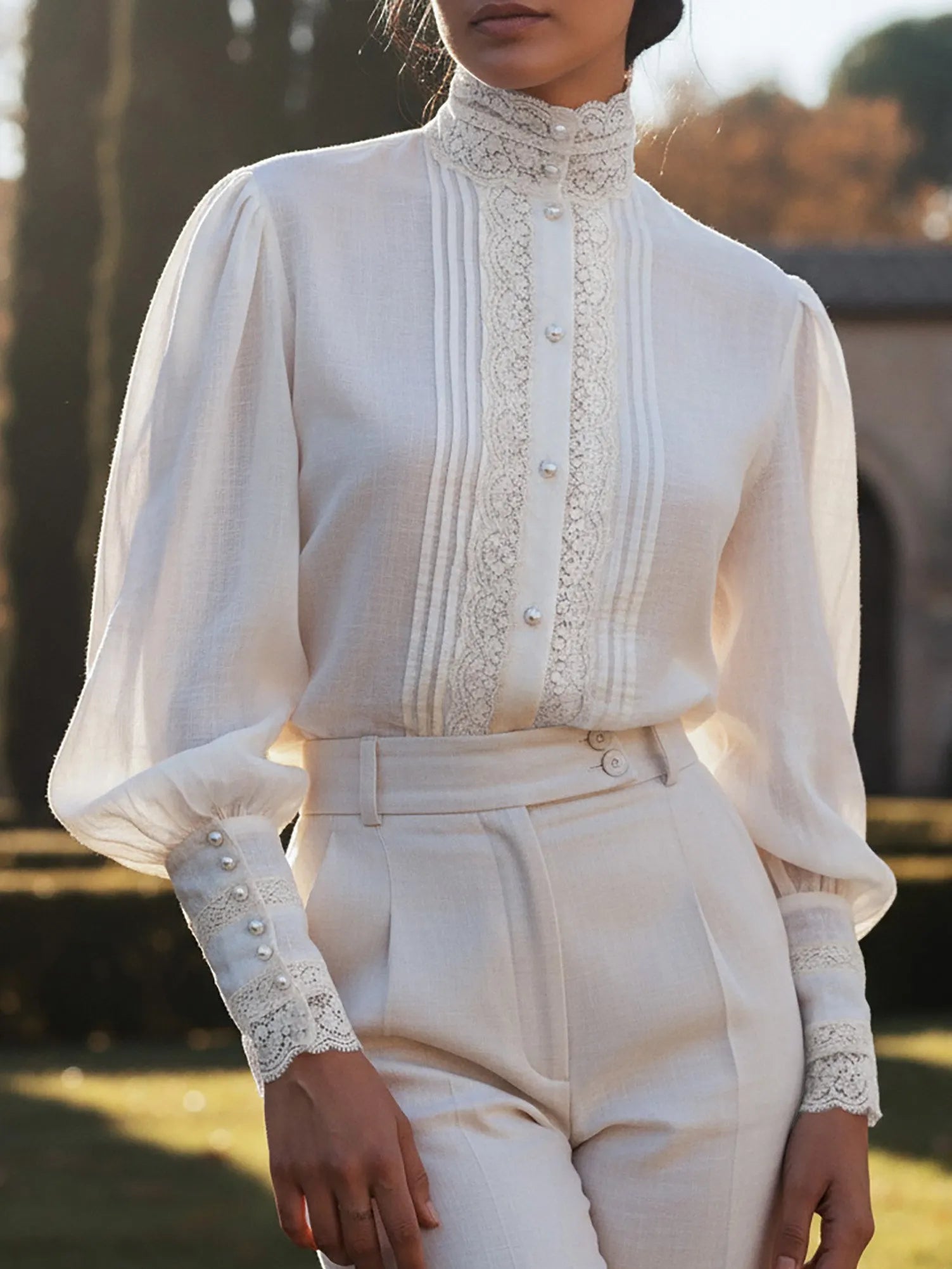 Linen Shirt, Long Sleeves, Stand Collar, Plain, Lace, Vintage, Ivory