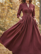 Maxi Linen Dress, Long Sleeves, Stand Collar, Plain, Button Design, Vintage, Red