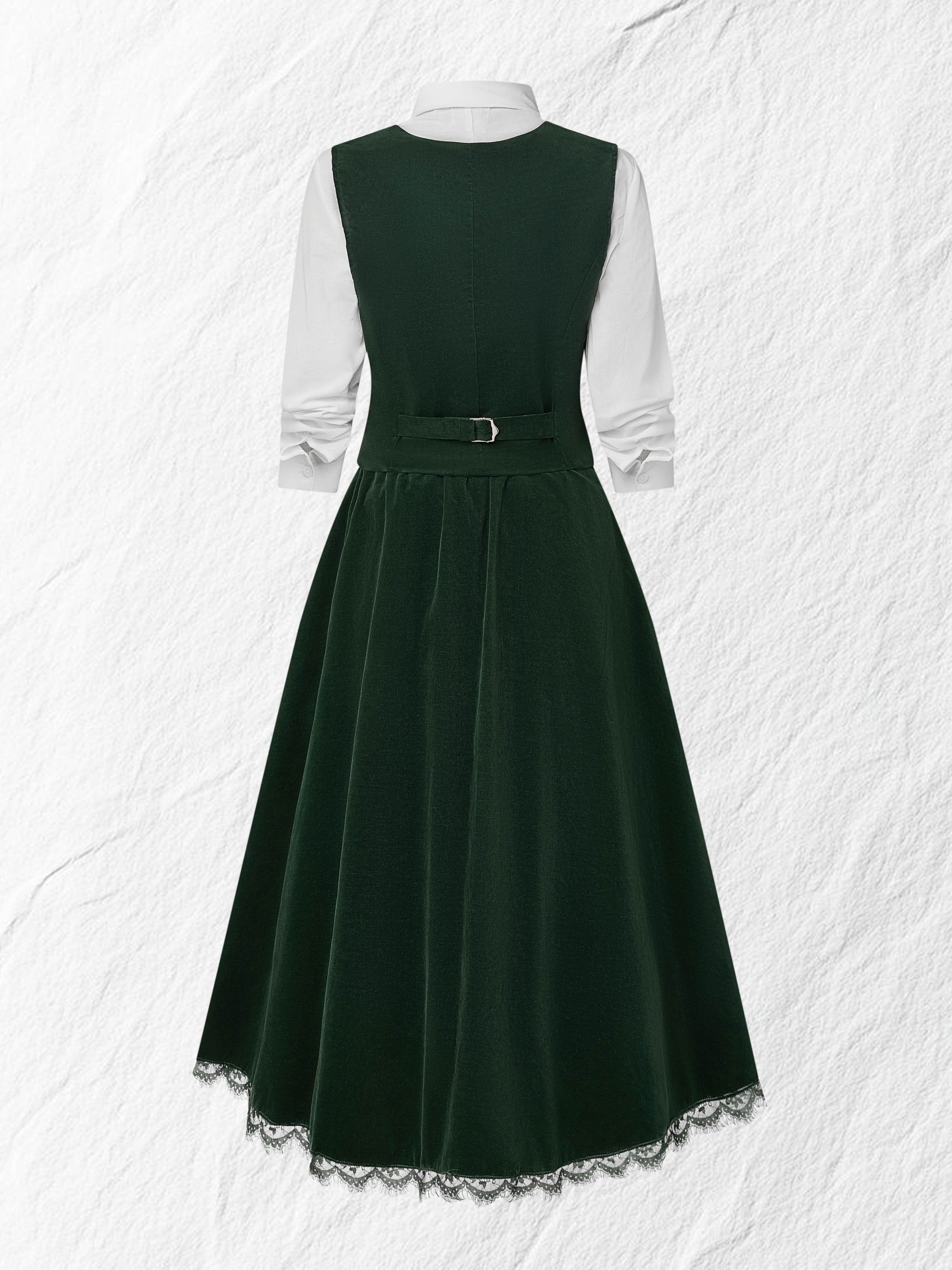 Cotton Vest (Shirt and Skirt Not Included), Sleeveless, V Neck, Plain, Button Design, Vintage, Green
