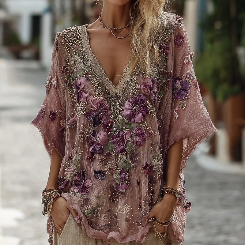 Women's Pansy Embroidered Sequined Short Sleeve T-shirt
