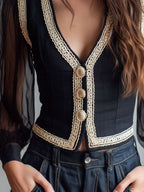 Retro Black Lace Trim Sheer Sleeve Crop Vest Top