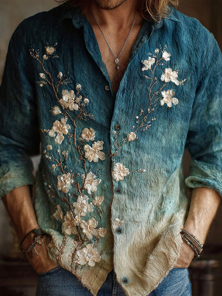 Men's Apricot Blossom Embroidery Oil Painting Art Linen Shirt