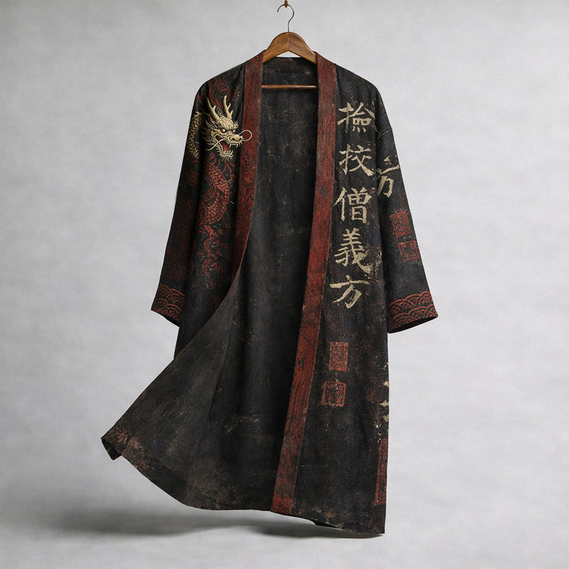 Men's Retro Calligraphy Dragon Art Pattern Linen Blend Kimono