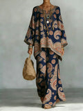 Women's Vintage Ethnic Art Comfortable Loose Cotton Linen Wide-leg Pants Two-piece Set