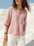 Women's Solid Color V-neck 3/4 Sleeve Casual Loose Cotton Linen Top