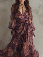 Romantic Holiday Printed Chiffon Ruffle Hem Maxi Dress