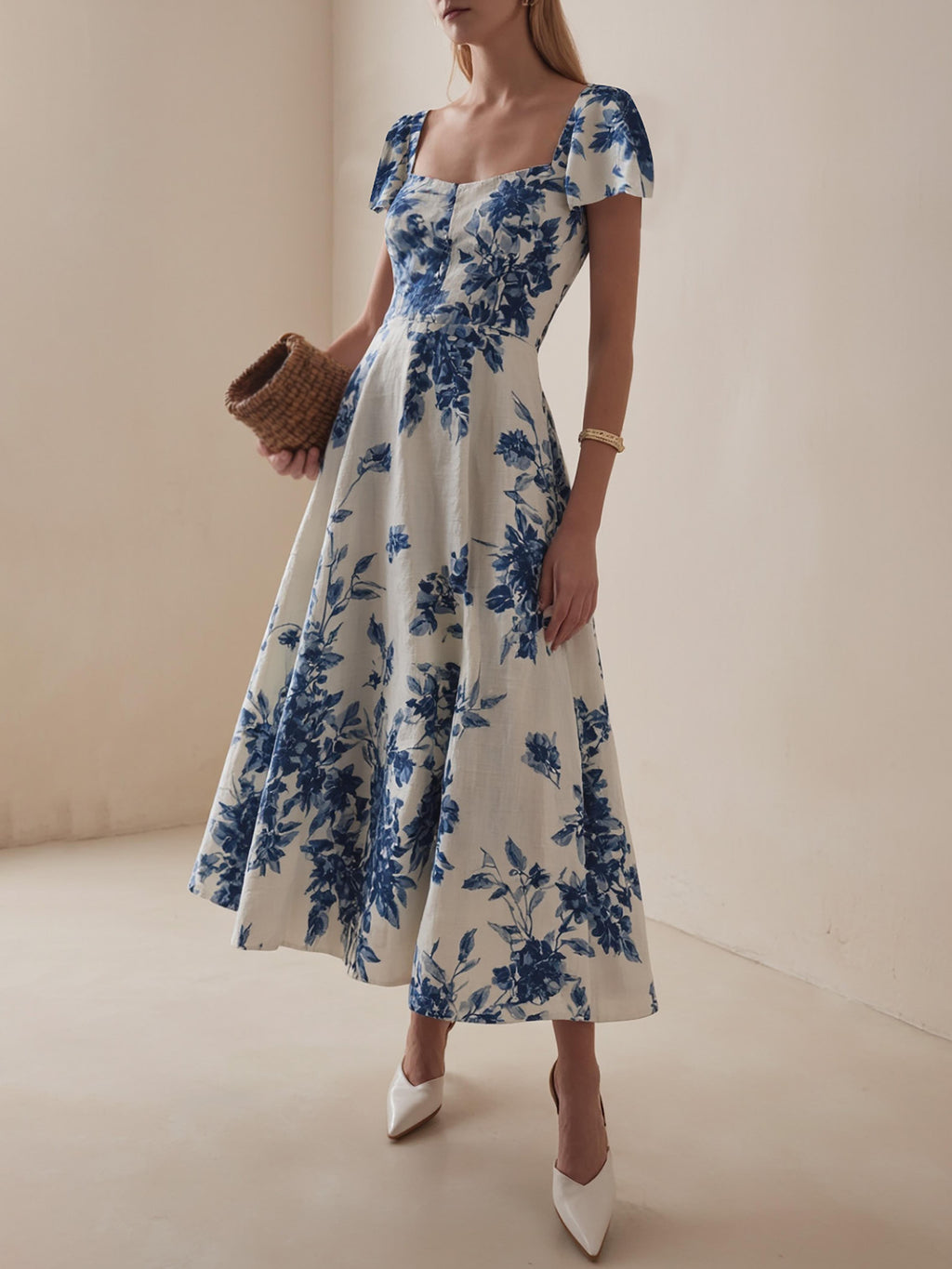 Maxi Linen Dress , Short Sleeves, Square Neck, Floral, Vacation, French Vintage, Blue