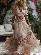 Women's Retro Bohemian Pink Rose Embroidered Art Short Sleeve Midi Dress