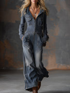 Retro Front Zipper Gray-blue Denim Hooded Jumpsuit