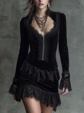 Black Velvet Mini Dress With Lace Trim