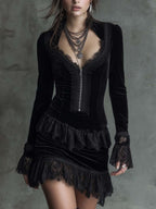 Black Velvet Mini Dress With Lace Trim