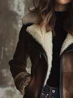 Women's Vintage Contrast Lambskin Collar Faux Leather Coat