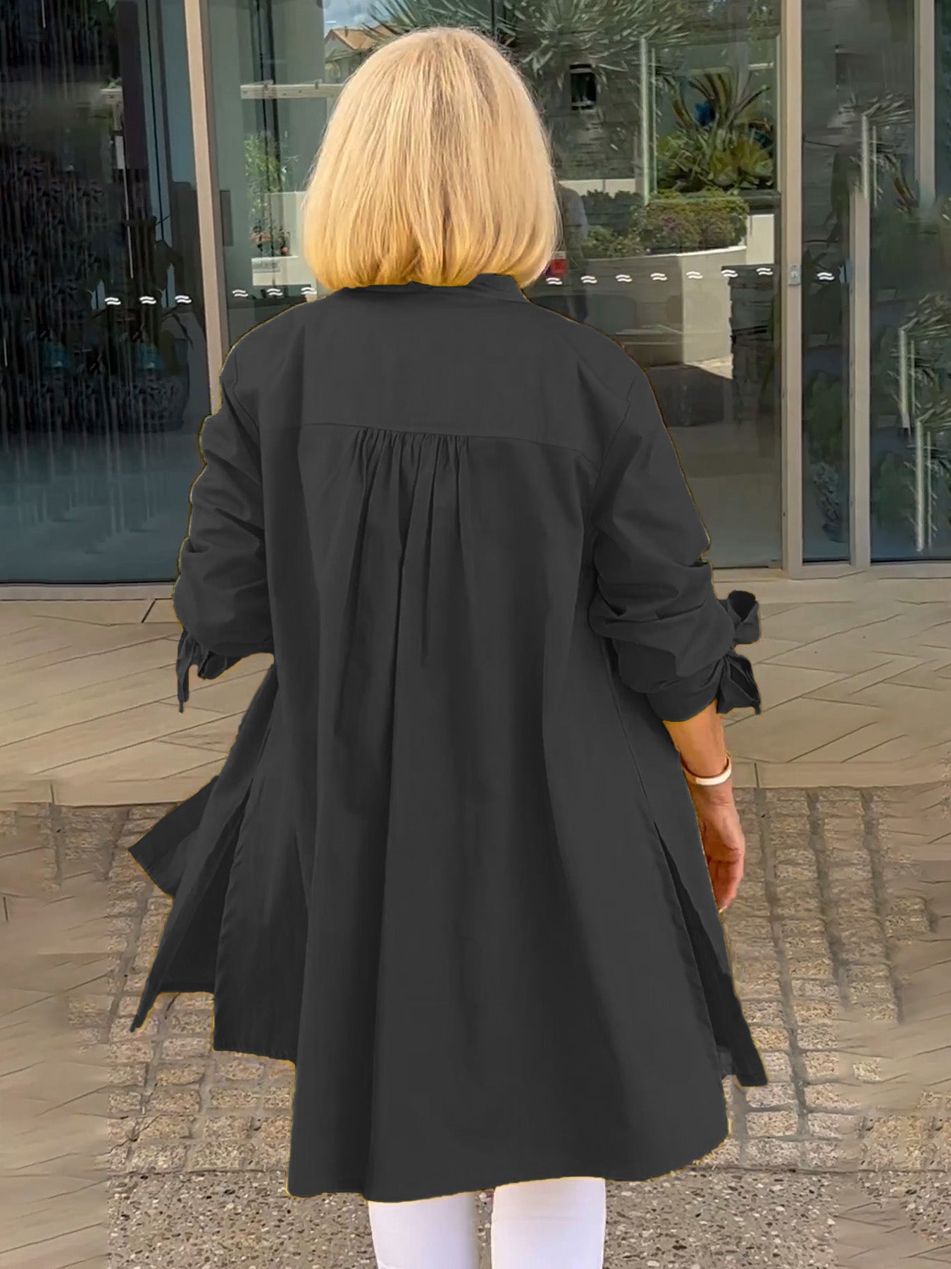 Solid Color Long Cotton Shirt Jackets Women Swing Jacket Shap Flattering Gathered Yolk At The Back