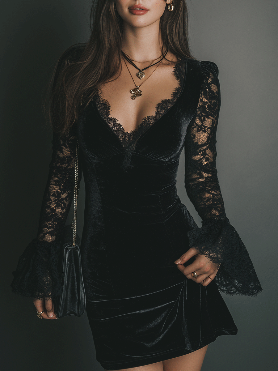 Romance Midnight Velvet Lace Bell-Sleeve Mini Dress