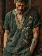 Men's Japanese Bamboo Waves Art Cozy Linen V Neck Shirt