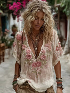 Women's Pink Roses Embroidered Linen Blend T-shirt