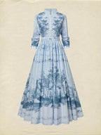 Maxi Cotton Dress, Long Sleeves, Stand Collar, Floral, Pocket Design, Vintage, Blue