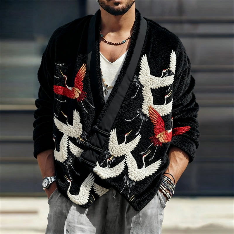 Men's Japanese Cranes Embroidered Cozy Fleece Kimono Cardigan