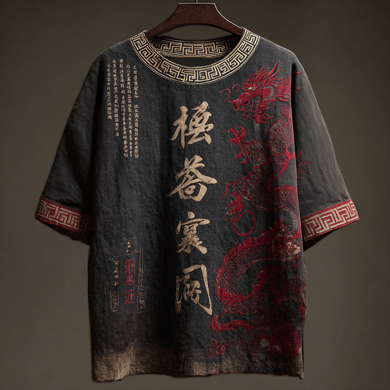 Retro Japanese Calligraphy And Dragon Art Pattern Casual Linen Blend T-shirt