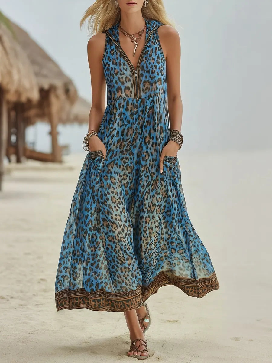 Women's Retro Casual Green Leopard Print Art Hooded Midi Dress