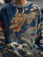 Men's Japanese Wave And Dragon Embossed Art Sweatshirt
