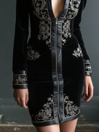 Retro Black Velvet Embroidered Mini Dress With Leather Trim