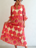 Retro Stand-up Collar Floral Print Loose Linen Cotton Dress