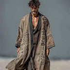 Men's Vintage Japanese Calligraphy Art Flowy Long Linen Kimono