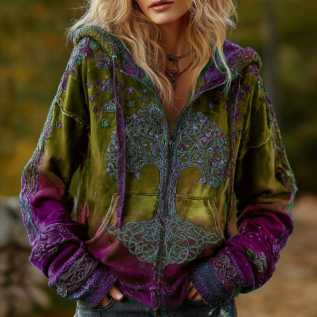 Women's Vintage Viking Tree Of Life Cozy Warm Zip Hoodie Cardigan