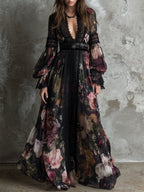 Bohemian Holiday Chiffon Printed Lace Maxi Dress
