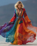 Women's fashionable bright rainbow tie-dyed cotton and linen dress  6045