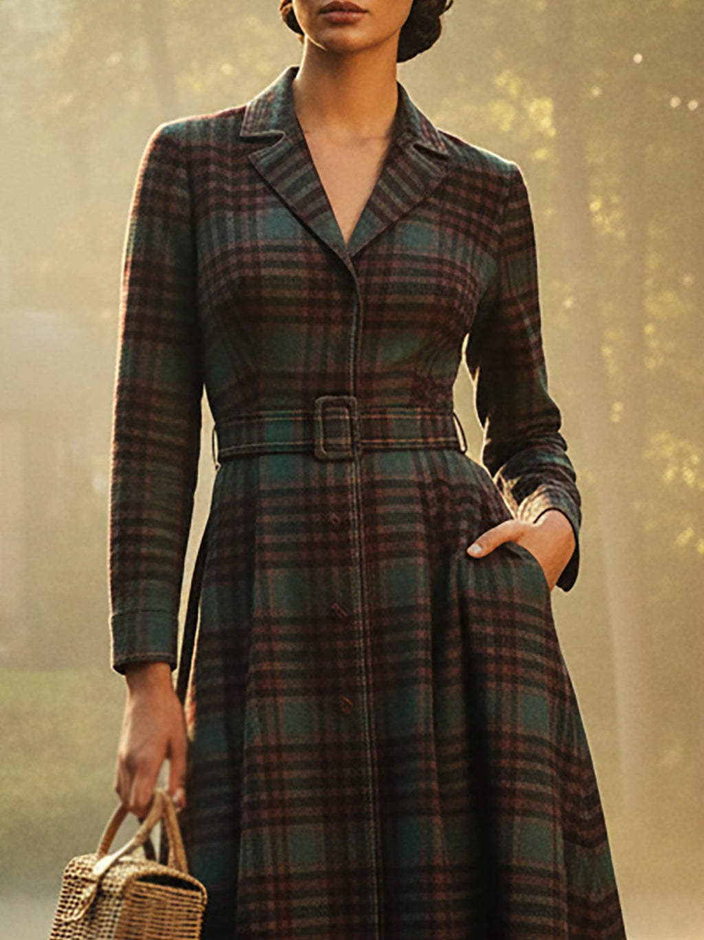 Wool Coat, Long Sleeves, Lapel Collar, Plaid, Belt Design, Vintage, Crimson