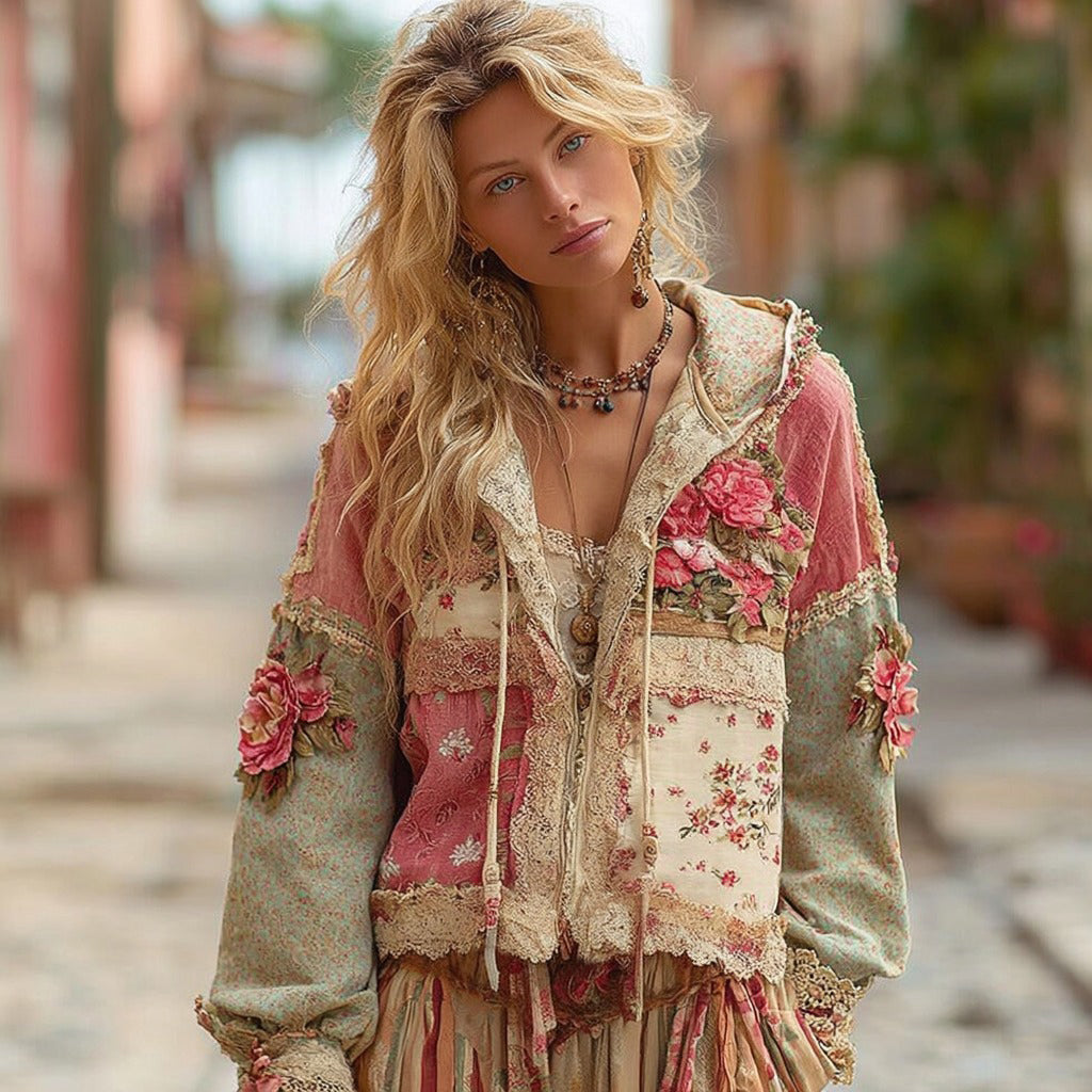 Women's Floral Embroidery Color Block Boho Casual Zip-up Hoodie