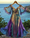 Summer Vacation Floral Embroidery Sequins Beaded Ruffle Dress 0a6b
