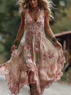 Women's Vintage Rose Embroidery Art Comfy Linen Maxi Dress