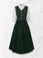 Cotton Vest (Shirt and Skirt Not Included), Sleeveless, V Neck, Plain, Button Design, Vintage, Green