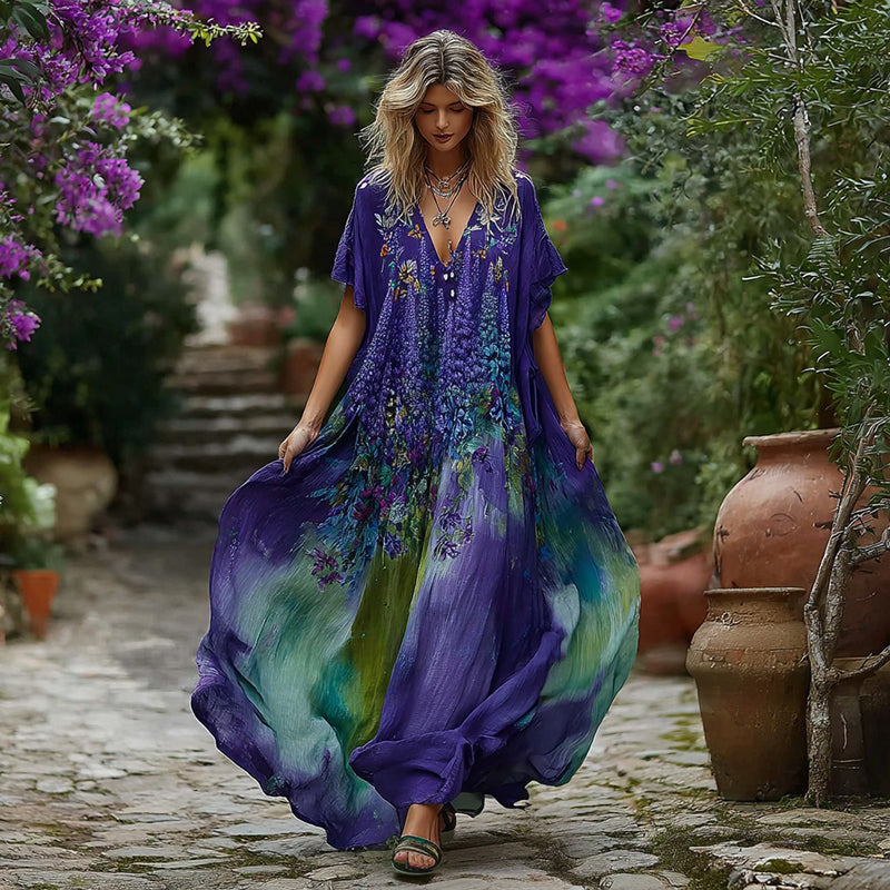 Women's Vintage Lupine Gradient Pattern V-neck Dress