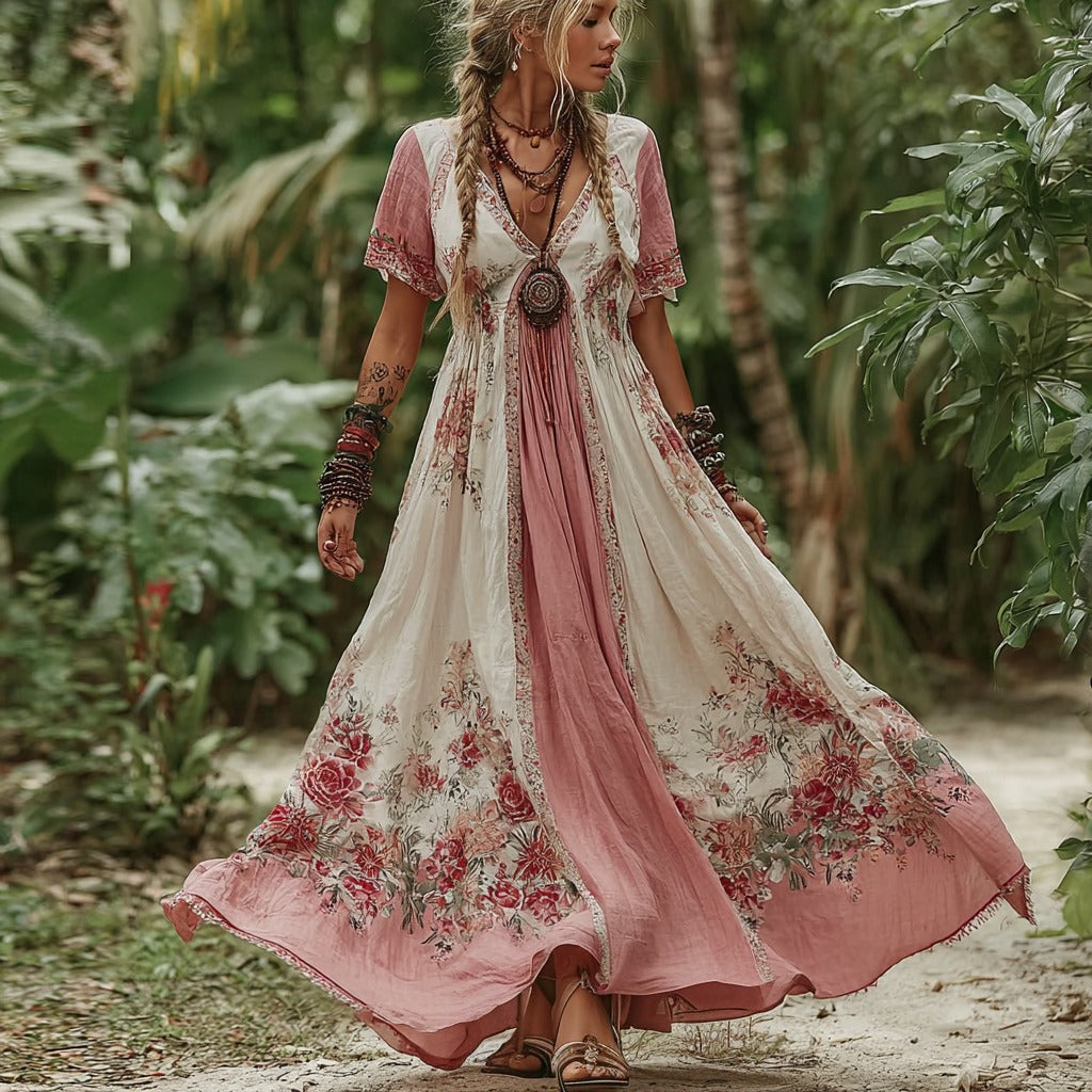 Women's Vintage Rose Floral Pattern V-neck Dress