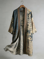 Retro Japanese Bamboo Leaf And Calligraphy Pattern Casual Kimono