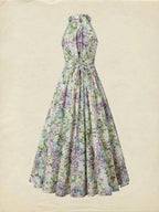 Maxi Cotton Dress, Sleeveless, Halter, Floral, Vacation, Vintage, White