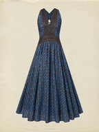 Maxi Cotton Dress, Sleeveless, V Neck, Floral, Lace, Vintage, Blue