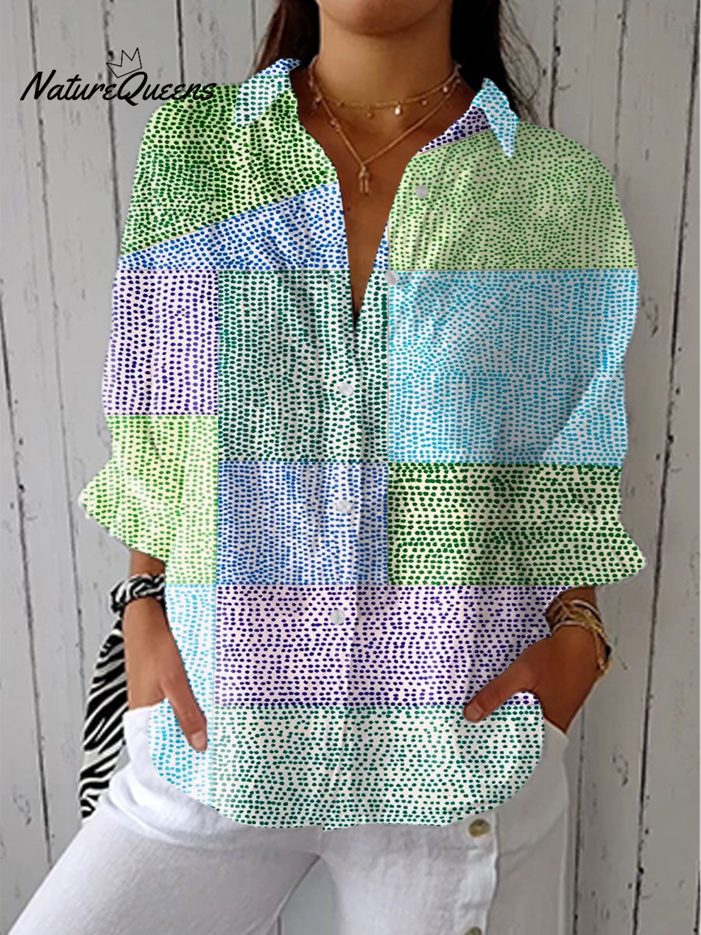 Women's Colorful Block Spot Art Print Casual Linen V-neck Shirt