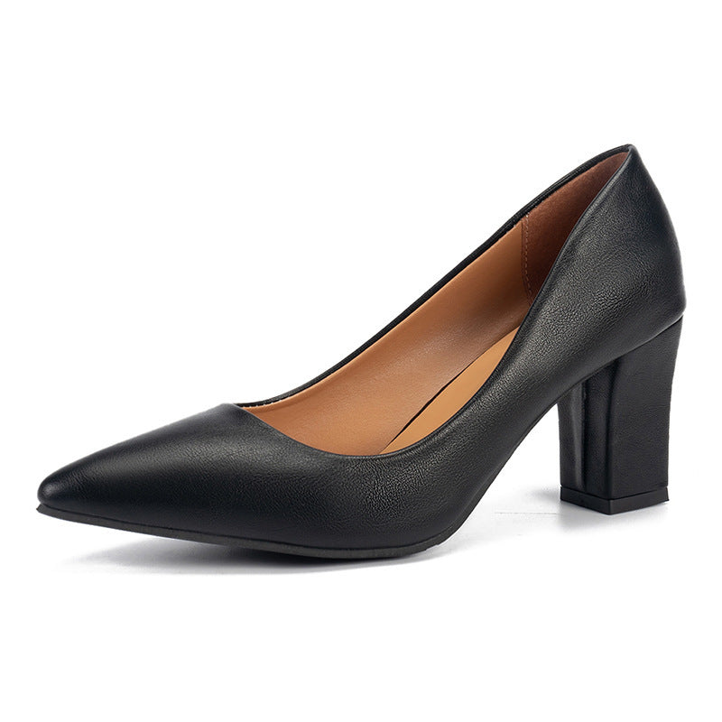 High Heels Women's Pointed Head Shallow Mouth Single Shoes Matte Leather Black Thick Heels