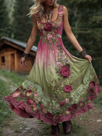 Classy Gradient Pink Roses Cancer Awareness Embroidered Linen Maxi Dress