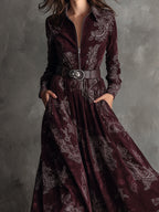 Bohemian Suede Printed Front Zip Maxi Dress