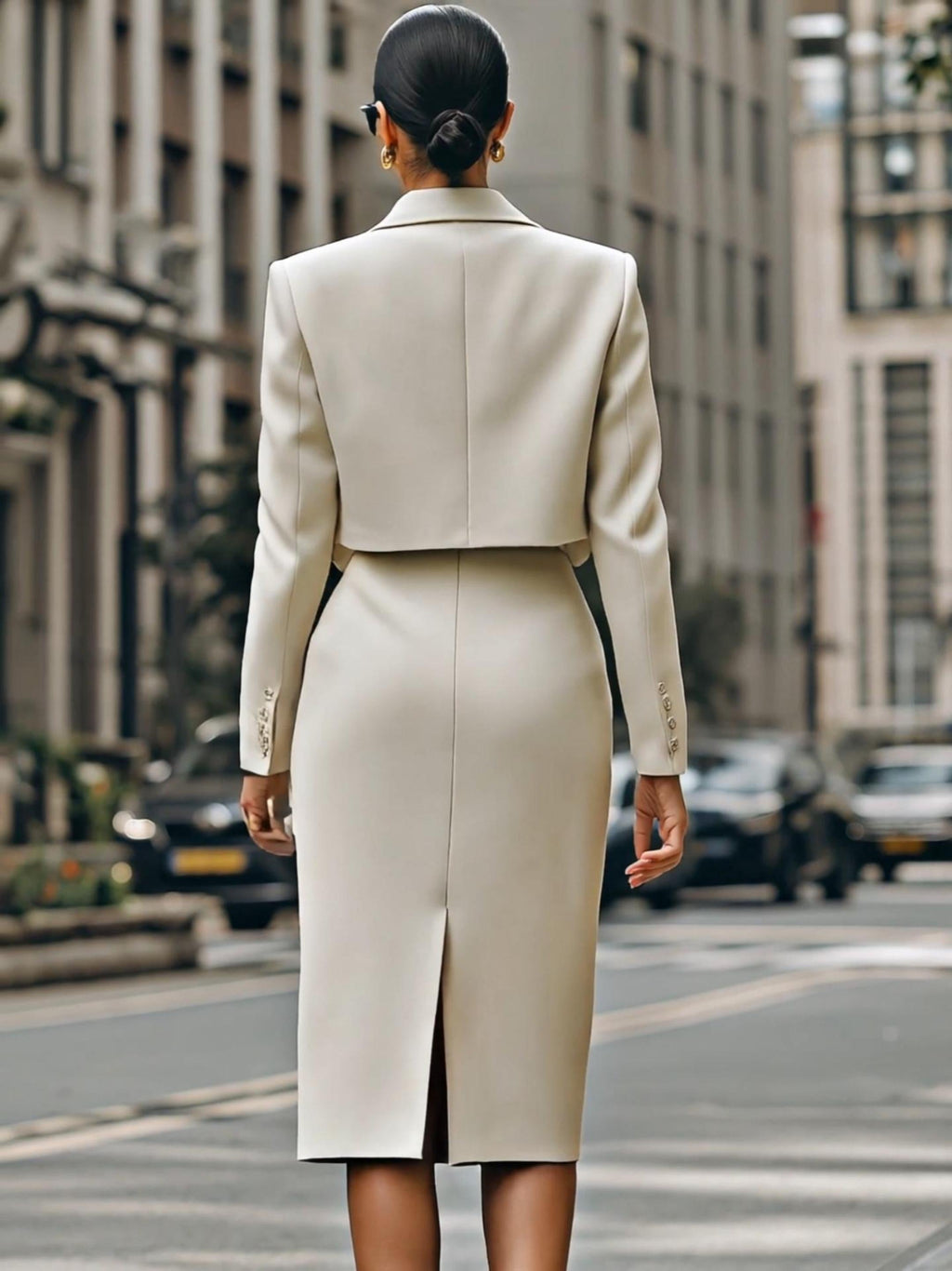 Cream Cropped Blazer And High-Waisted Pencil Skirt Set With Belt